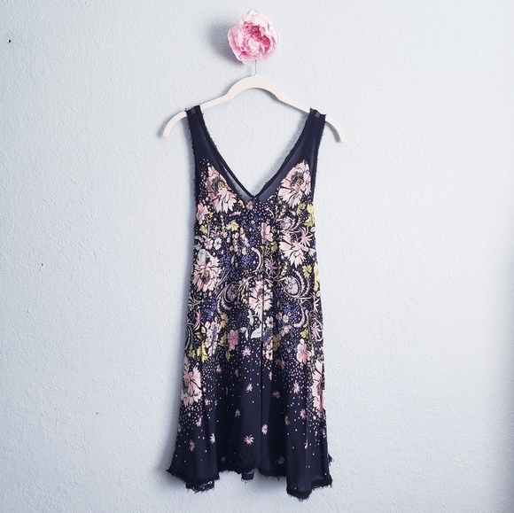 Intimately Free People Black Floral Raw Hem Slip - Picture 2 of 8